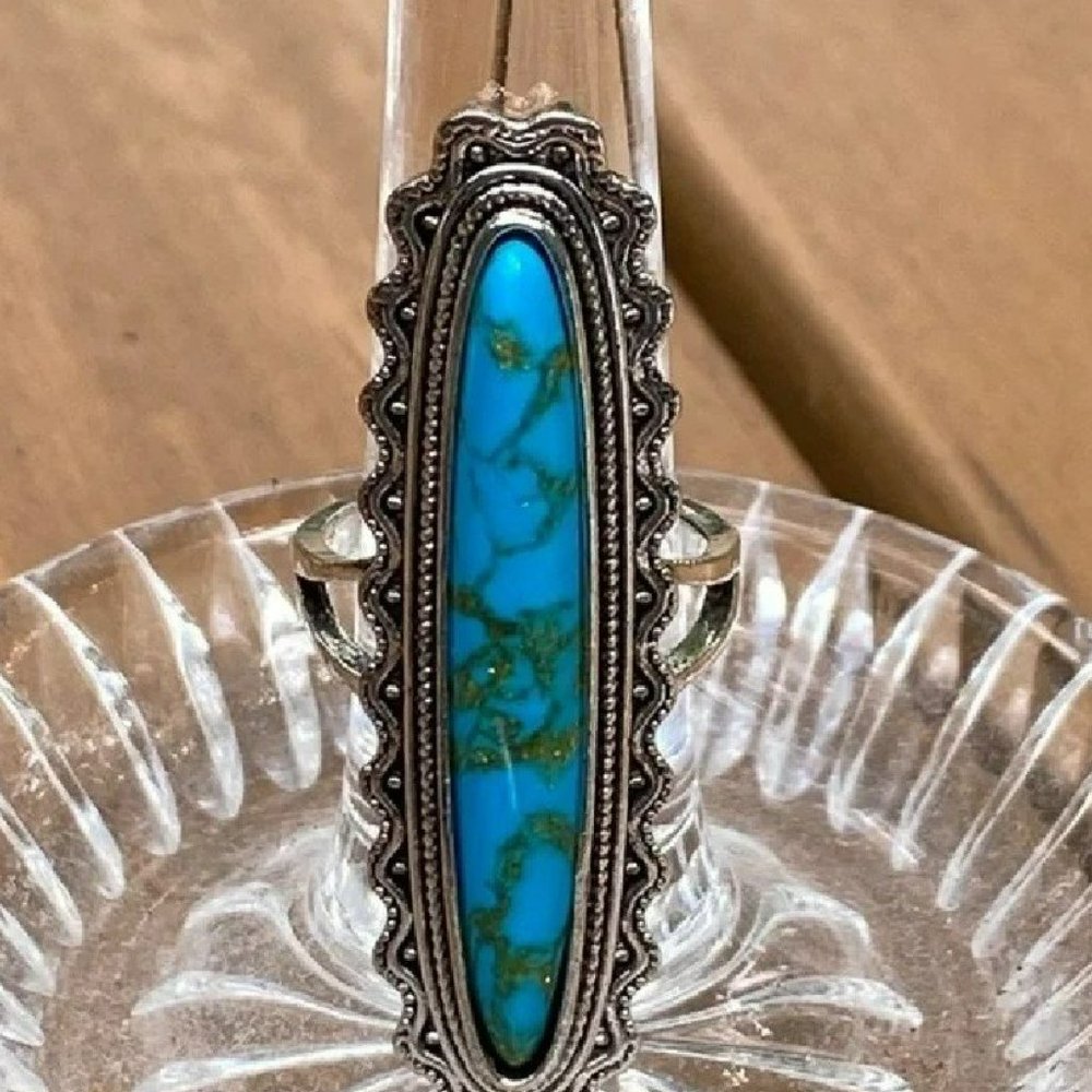 Long Vintage Blue Turquoise Antique Silver Ring - Picture 4 of 9